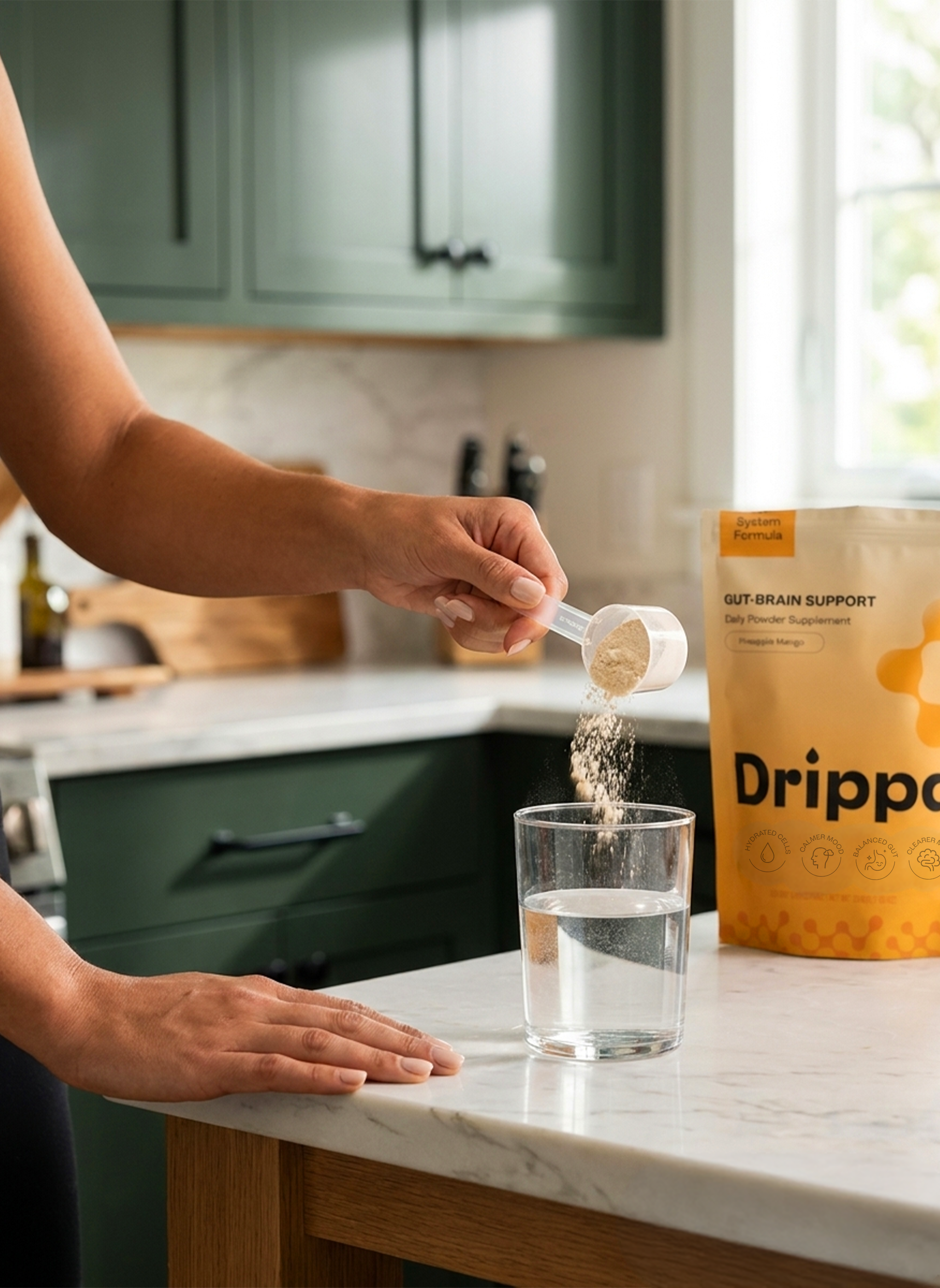 Pouring Drippa into a glass in the kitchen